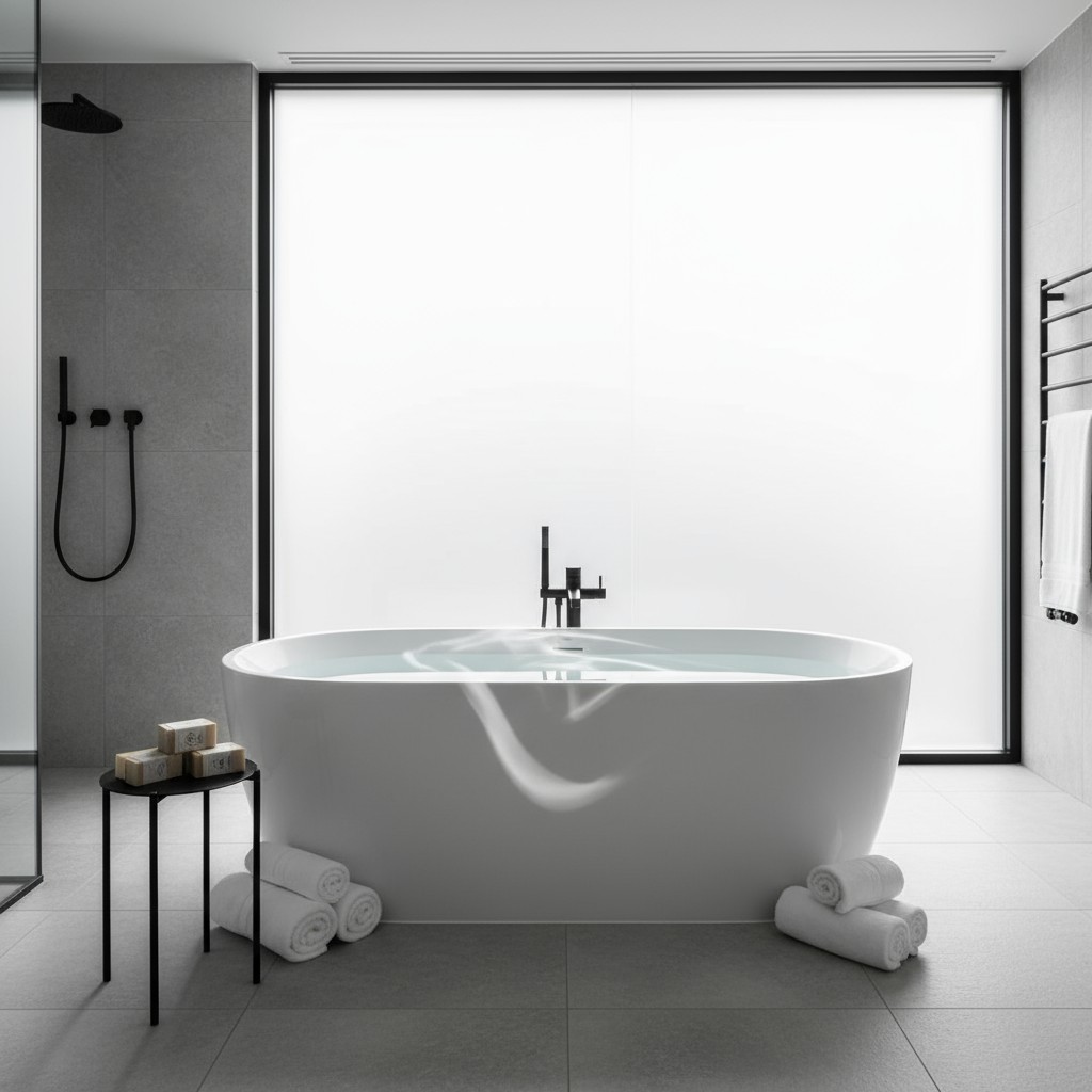 A modern bathroom with a large window behind a white bathtub and a stack of l shaped towels and bars of soap on a small ta...